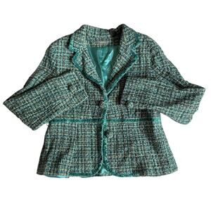 Liz Claiborne Tweed Boucle Blazer 14 Teal Velvet Trim Chanel Style Jacket